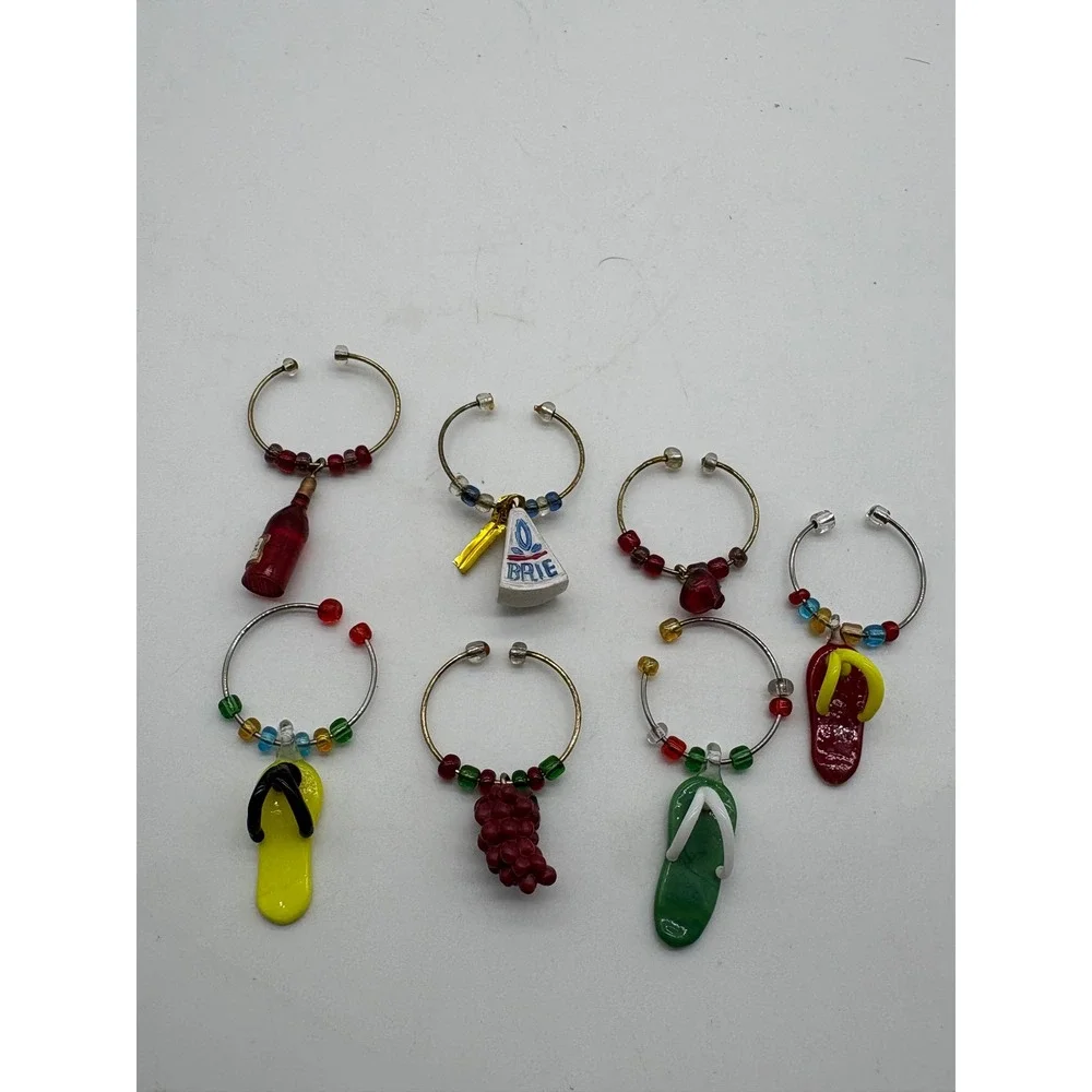 Mixed Wine Glass Charms 7pc Wine Bottle Brie Grapes Flip Flops Beaded Novelty